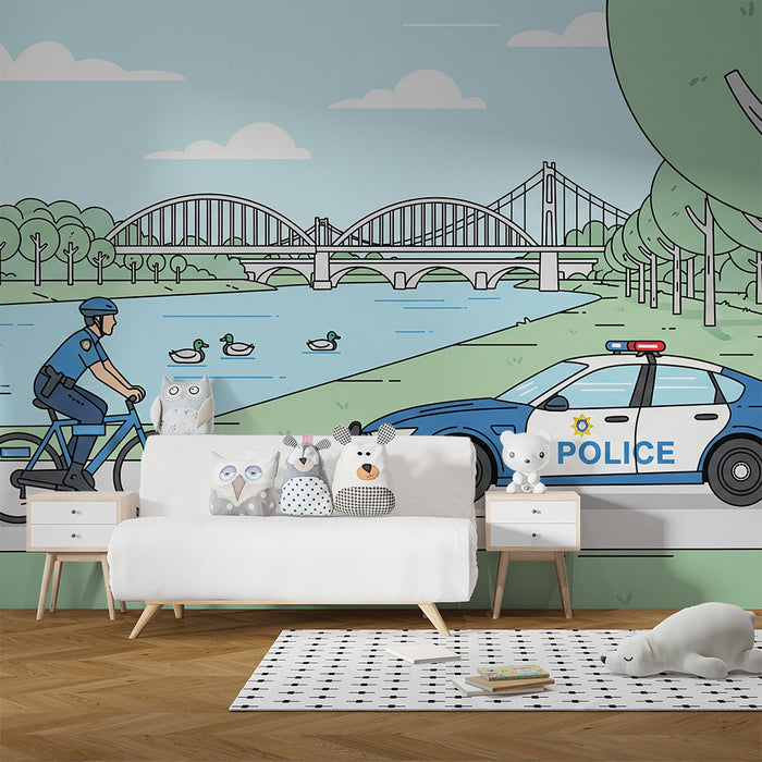 Papel pintado infantil | Policía en bicicleta y paisaje tranquilo