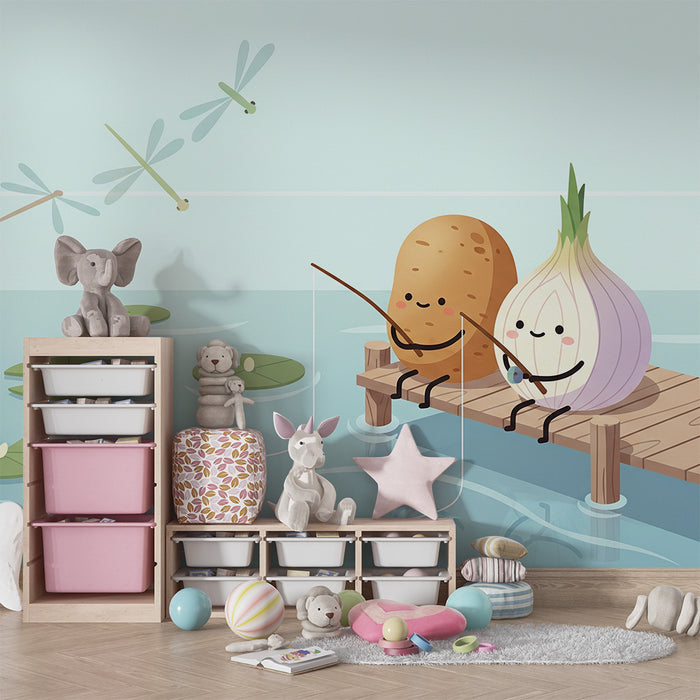 Papel de parede infantil | Batata e cebola como pescadores num cais tranquilo