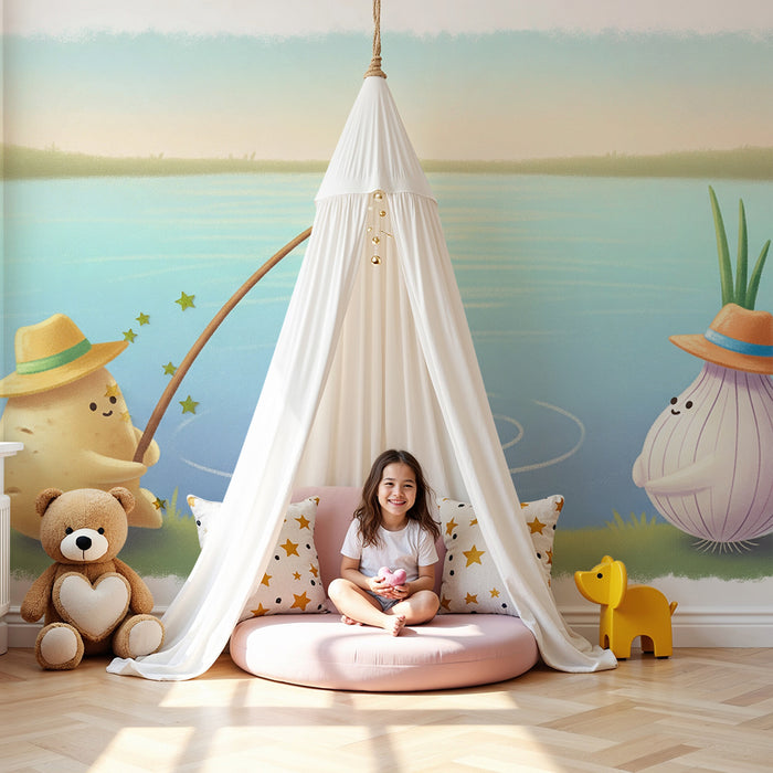 Kinderzimmer-Tapete | Kartoffel und Zwiebel beim Angeln am Wasser