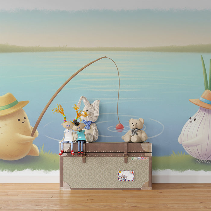 Kinderzimmer-Tapete | Kartoffel und Zwiebel beim Angeln am Wasser