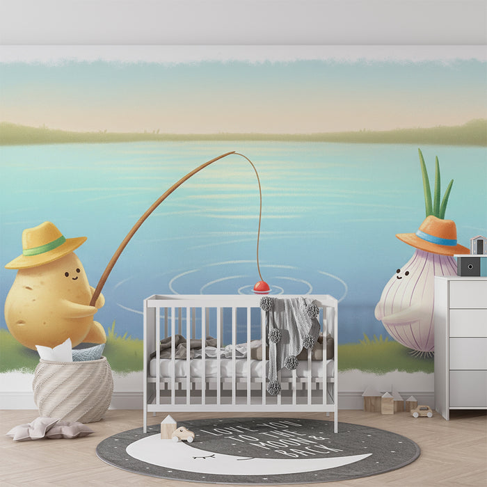 Kinderzimmer-Tapete | Kartoffel und Zwiebel beim Angeln am Wasser