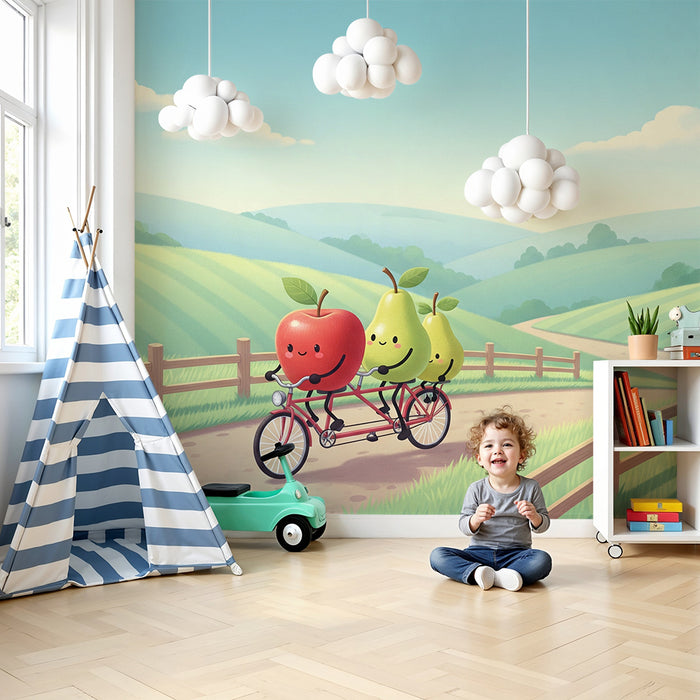 Papel de parede infantil | Maçã e Pêra felizes de bicicleta numa paisagem campestre