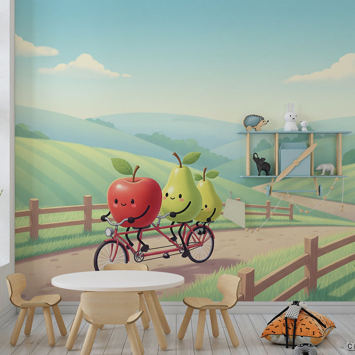 Papel de parede infantil | Maçã e Pêra felizes de bicicleta numa paisagem campestre
