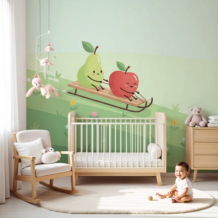 Children's Room Wallpaper | Happy Apple and Pear on a Sled Against a Spring Background
