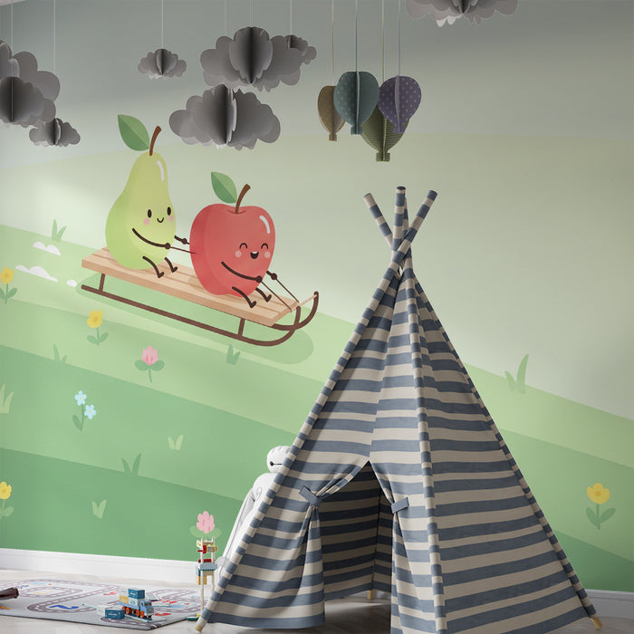Children's Room Wallpaper | Happy Apple and Pear on a Sled Against a Spring Background