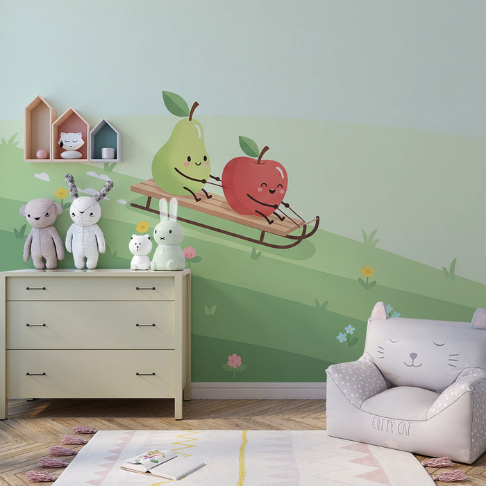 Children's Room Wallpaper | Happy Apple and Pear on a Sled Against a Spring Background