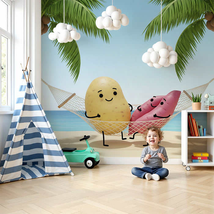 Kids' Room Wallpaper | Fun Potatoes on Holiday Under the Palm Trees
