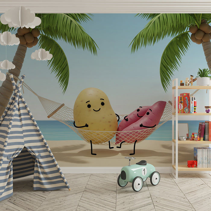 Kids' Room Wallpaper | Fun Potatoes on Holiday Under the Palm Trees