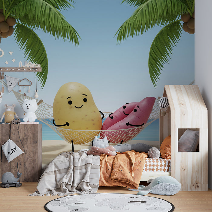 Kids' Room Wallpaper | Fun Potatoes on Holiday Under the Palm Trees
