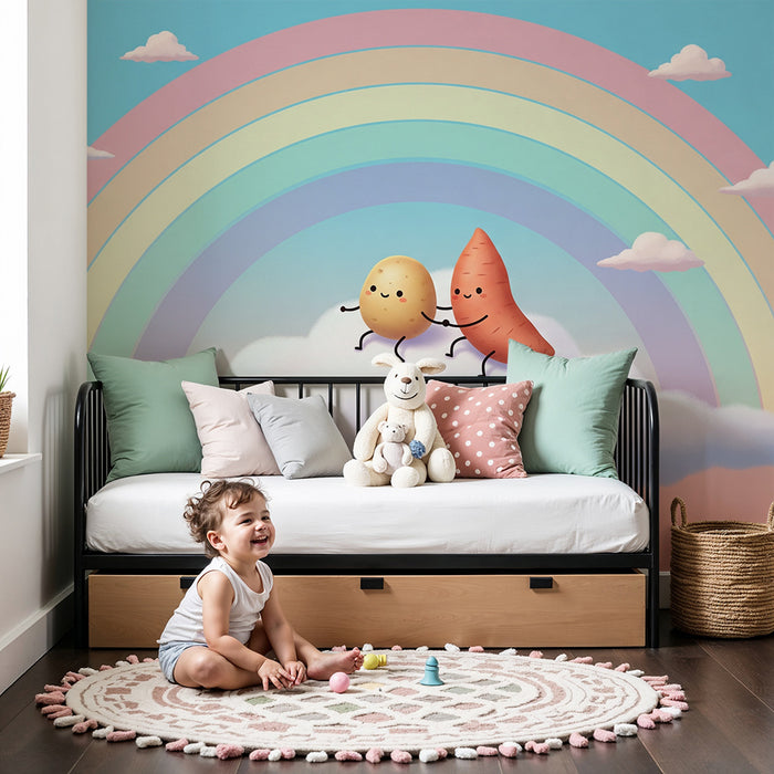 Papel de parede para quarto de criança | Cenouras e batatas felizes numa nuvem com arco-íris
