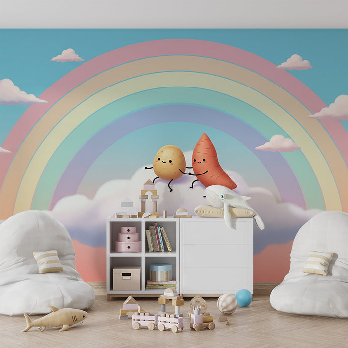 Papel de parede para quarto de criança | Cenouras e batatas felizes numa nuvem com arco-íris
