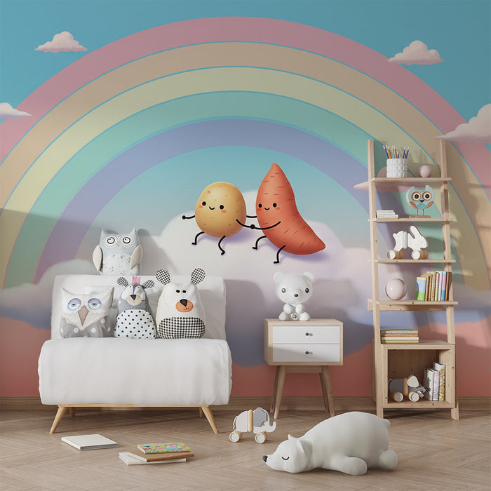 Papel de parede para quarto de criança | Cenouras e batatas felizes numa nuvem com arco-íris