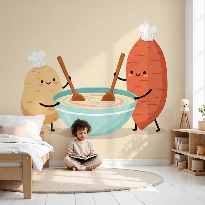 Papel de parede para quarto de criança | Batatas e batata-doce numa cozinha divertida