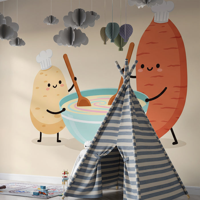 Papel de parede para quarto de criança | Batatas e batata-doce numa cozinha divertida