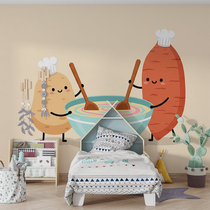 Papel de parede para quarto de criança | Batatas e batata-doce numa cozinha divertida