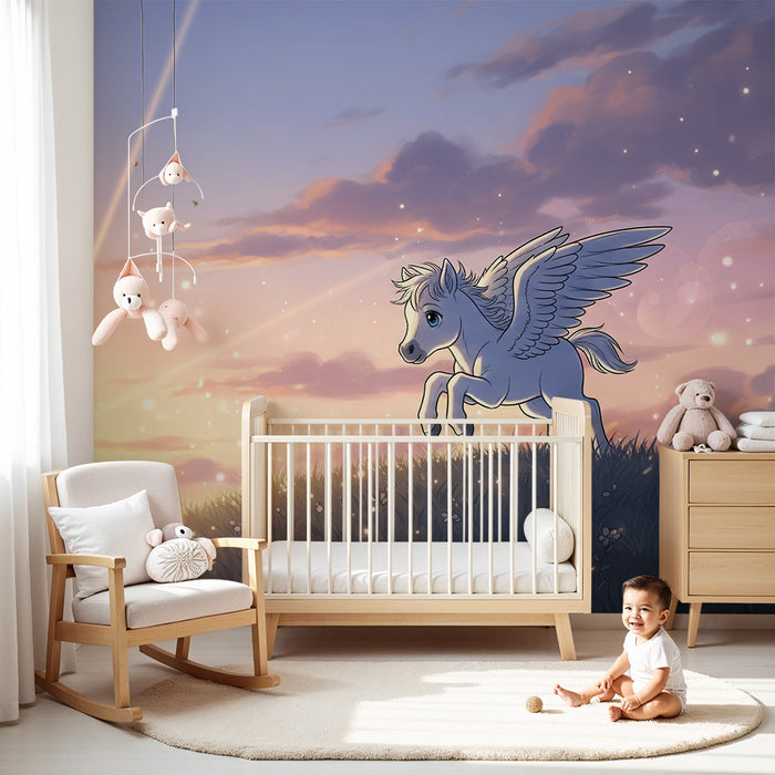 **Tapete Kinderzimmer | Fliegendes Einhorn in einer märchenhaften Landschaft bei Sonnenuntergang**