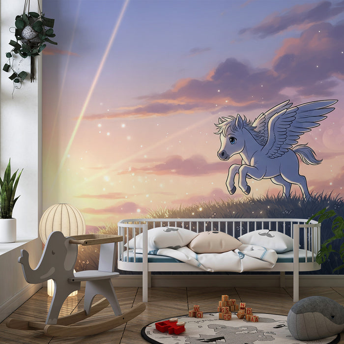 **Tapete Kinderzimmer | Fliegendes Einhorn in einer märchenhaften Landschaft bei Sonnenuntergang**
