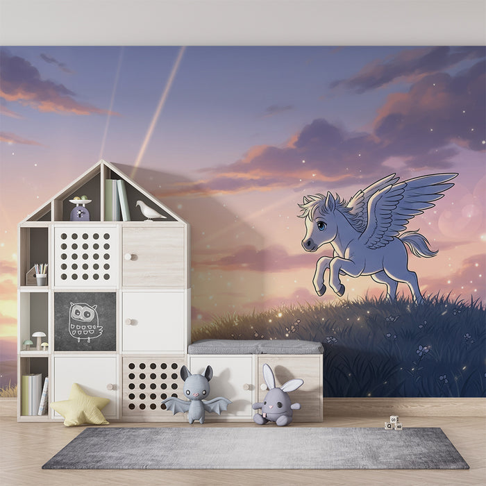 **Tapete Kinderzimmer | Fliegendes Einhorn in einer märchenhaften Landschaft bei Sonnenuntergang**