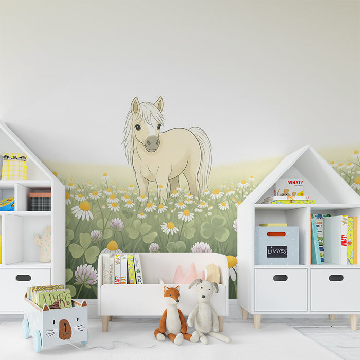 Papier peint chambre enfant | Poney dans un champ de fleurs sauvages