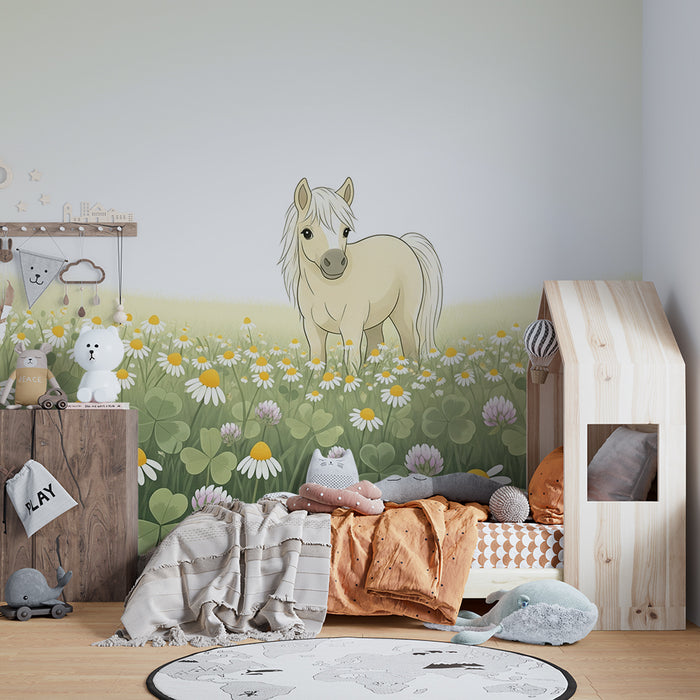 Papier peint chambre enfant | Poney dans un champ de fleurs sauvages