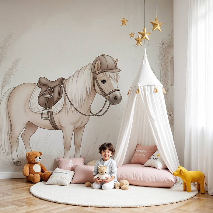Papier peint chambre enfant | Poney mignon et écurie fleurie dans un décor apaisant