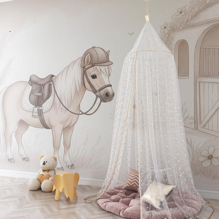 Papier peint chambre enfant | Poney mignon et écurie fleurie dans un décor apaisant