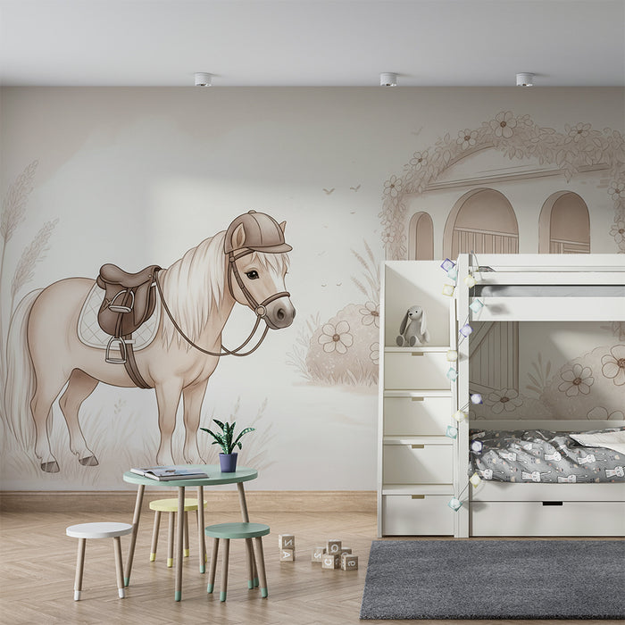 Papier peint chambre enfant | Poney mignon et écurie fleurie dans un décor apaisant