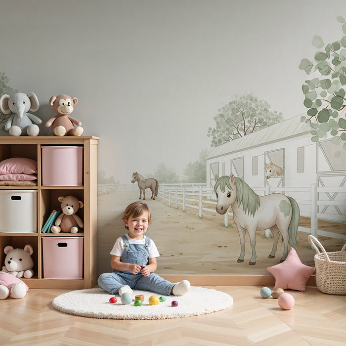 Papier peint chambre enfant | Poneys dans une écurie paisible
