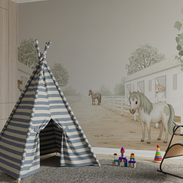 Papier peint chambre enfant | Poneys dans une écurie paisible