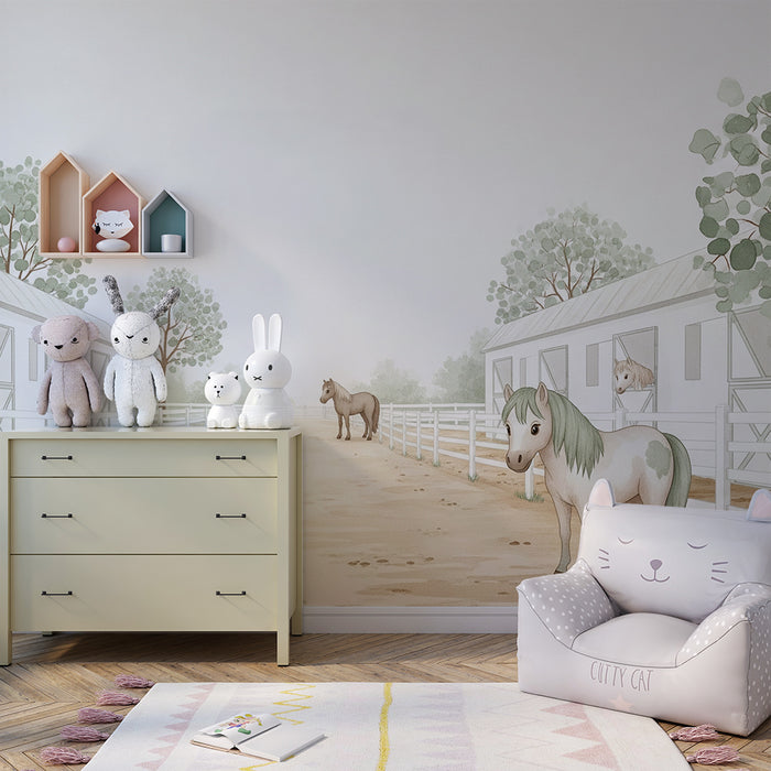 Papier peint chambre enfant | Poneys dans une écurie paisible