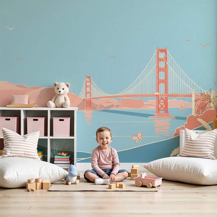 Papier peint chambre enfant | Pont emblématique et paysage marin pastel