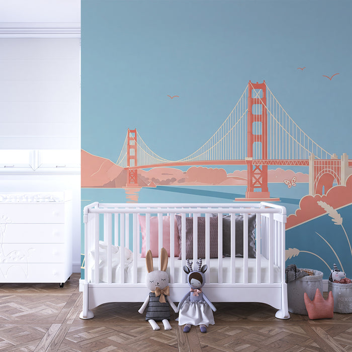 Papier peint chambre enfant | Pont emblématique et paysage marin pastel
