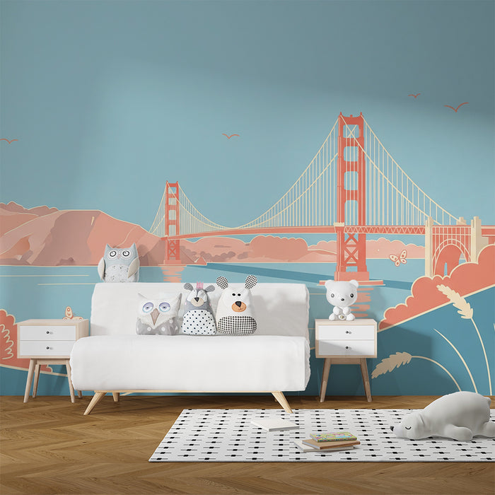 Papier peint chambre enfant | Pont emblématique et paysage marin pastel