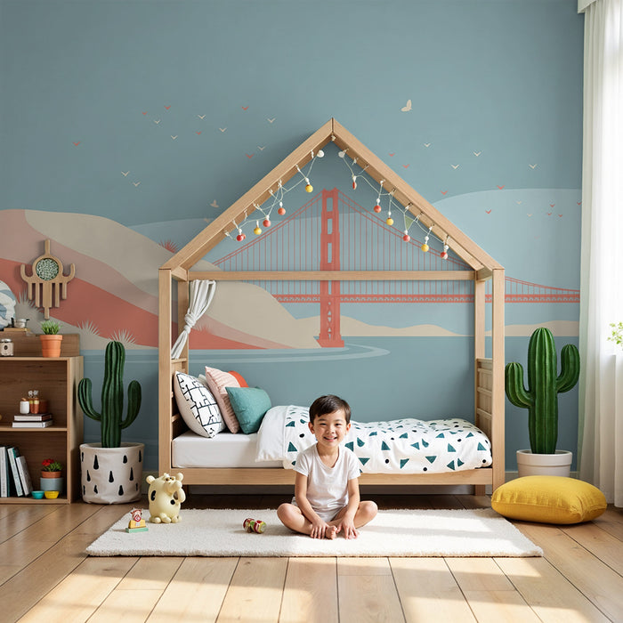 Papel de parede para quarto infantil | Ponte icónica e paisagens pastel à beira da água