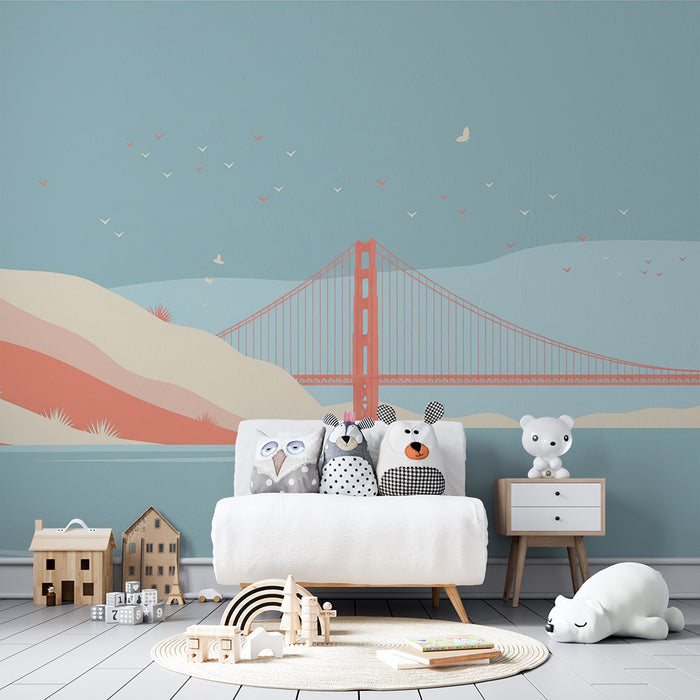 Papel de parede para quarto infantil | Ponte icónica e paisagens pastel à beira da água