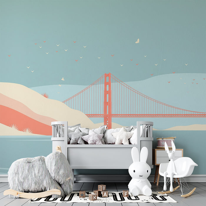 Papel de parede para quarto infantil | Ponte icónica e paisagens pastel à beira da água