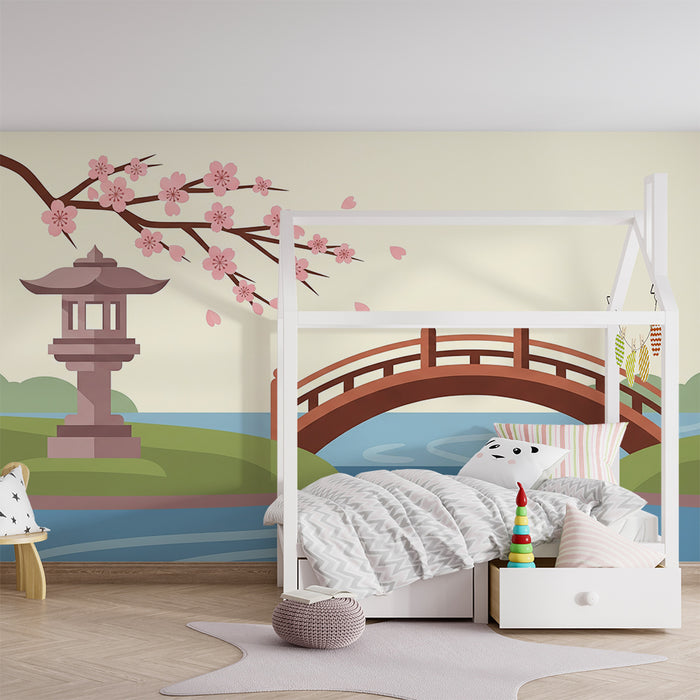 Børneværelsestapet | Japansk bro og blomstrende kirsebærtræer ved vandet