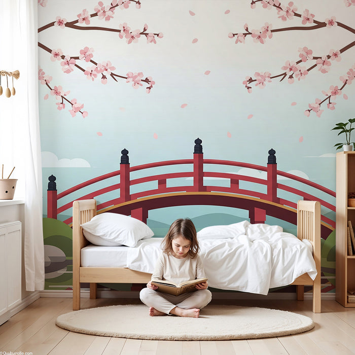 Children's bedroom wallpaper | Japanese bridge under cherry blossoms in bloom
