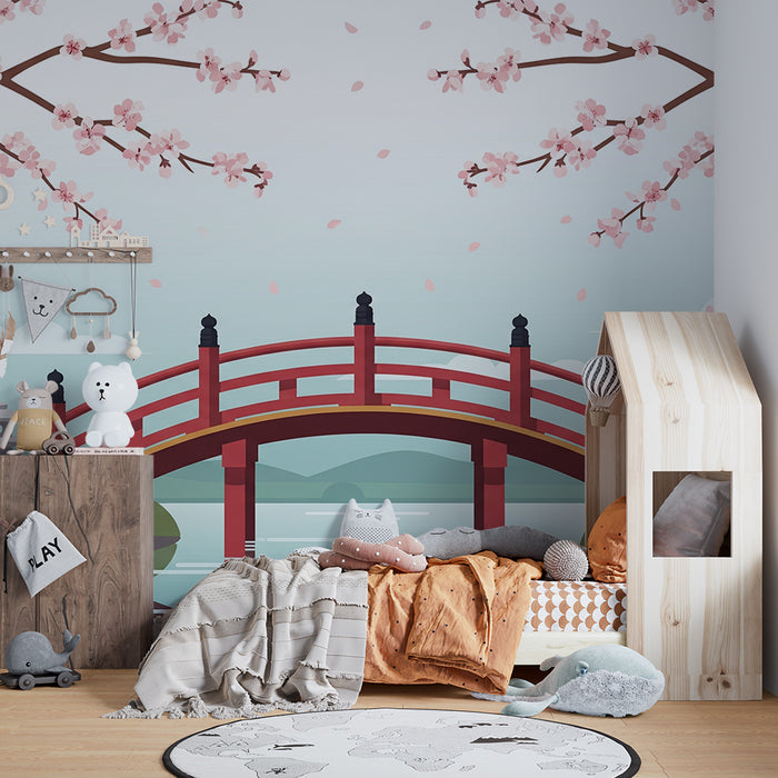 Children's bedroom wallpaper | Japanese bridge under cherry blossoms in bloom