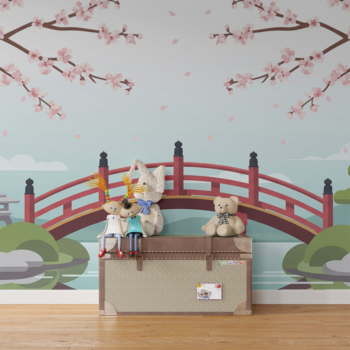 Children's bedroom wallpaper | Japanese bridge under cherry blossoms in bloom