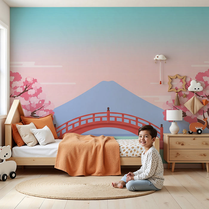 Papel de parede criança | Ponte vermelha e cerejeiras em flor com o Monte Fuji