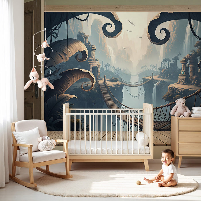 Behang kinderkamer | Hangbrug in het hart van een mysterieuze jungle