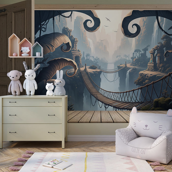 Behang kinderkamer | Hangbrug in het hart van een mysterieuze jungle