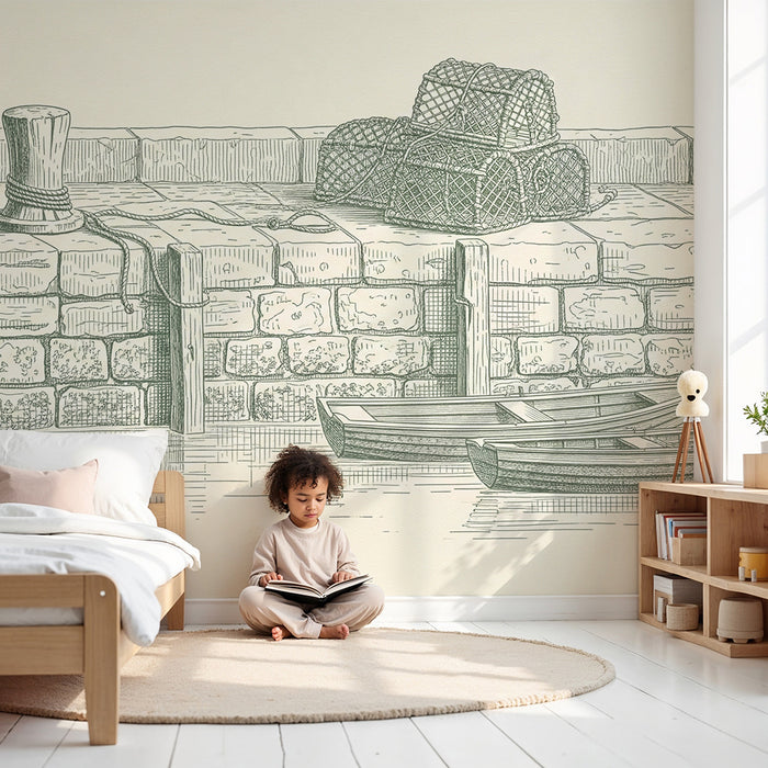 Papel pintado infantil | Puerto monocromo con barcos y redes de pesca