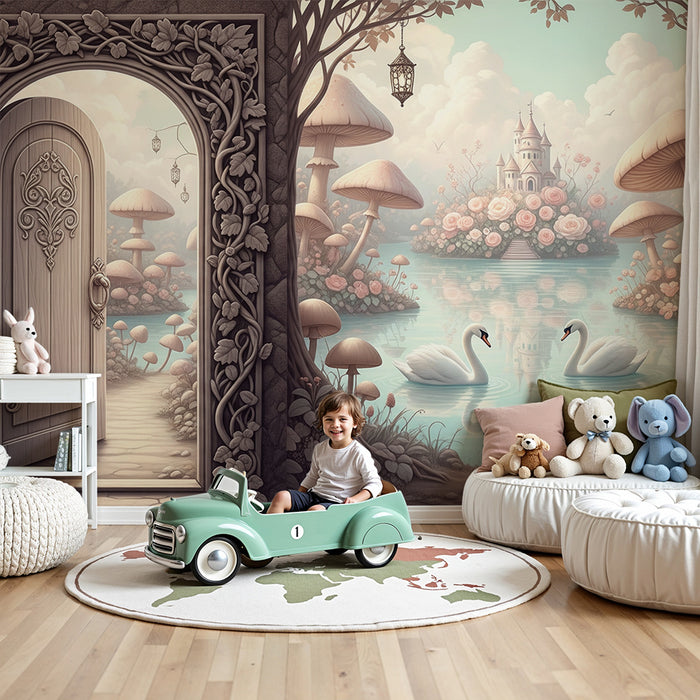 Papel de parede infantil | Portal encantador para um mundo mágico com cisnes e cogumelos