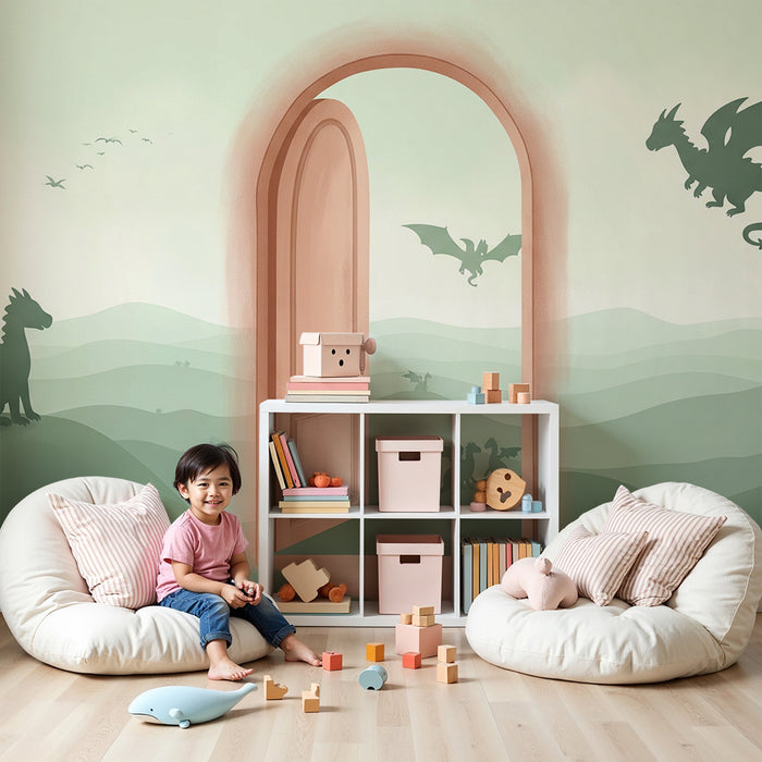 Papier peint chambre enfant | Portail magique avec dragons et château féerique