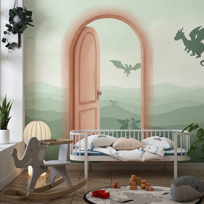 Papier peint chambre enfant | Portail magique avec dragons et château féerique