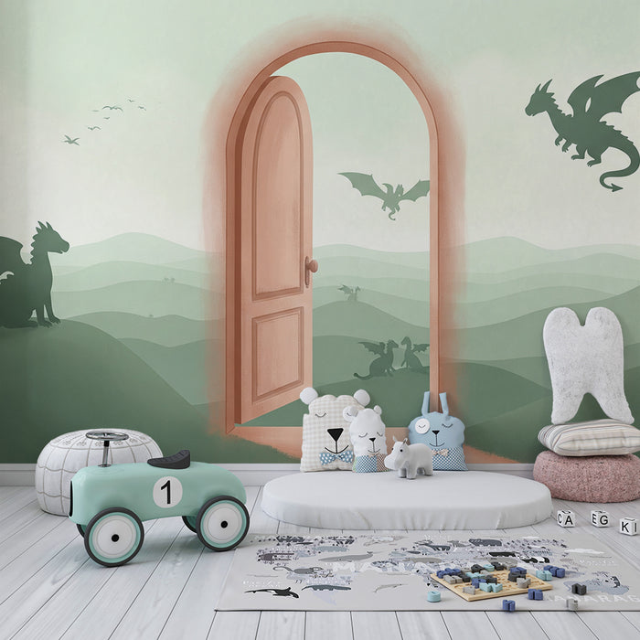 Papier peint chambre enfant | Portail magique avec dragons et château féerique