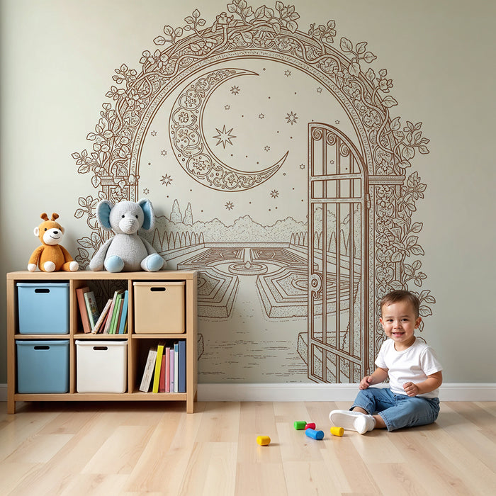 Children's bedroom wallpaper | Magic portal with starry garden and decorative moon