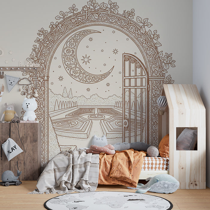 Children's bedroom wallpaper | Magic portal with starry garden and decorative moon